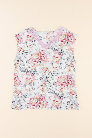 Pink Floral Print Lace Splicing Sleeveless Blouse-2