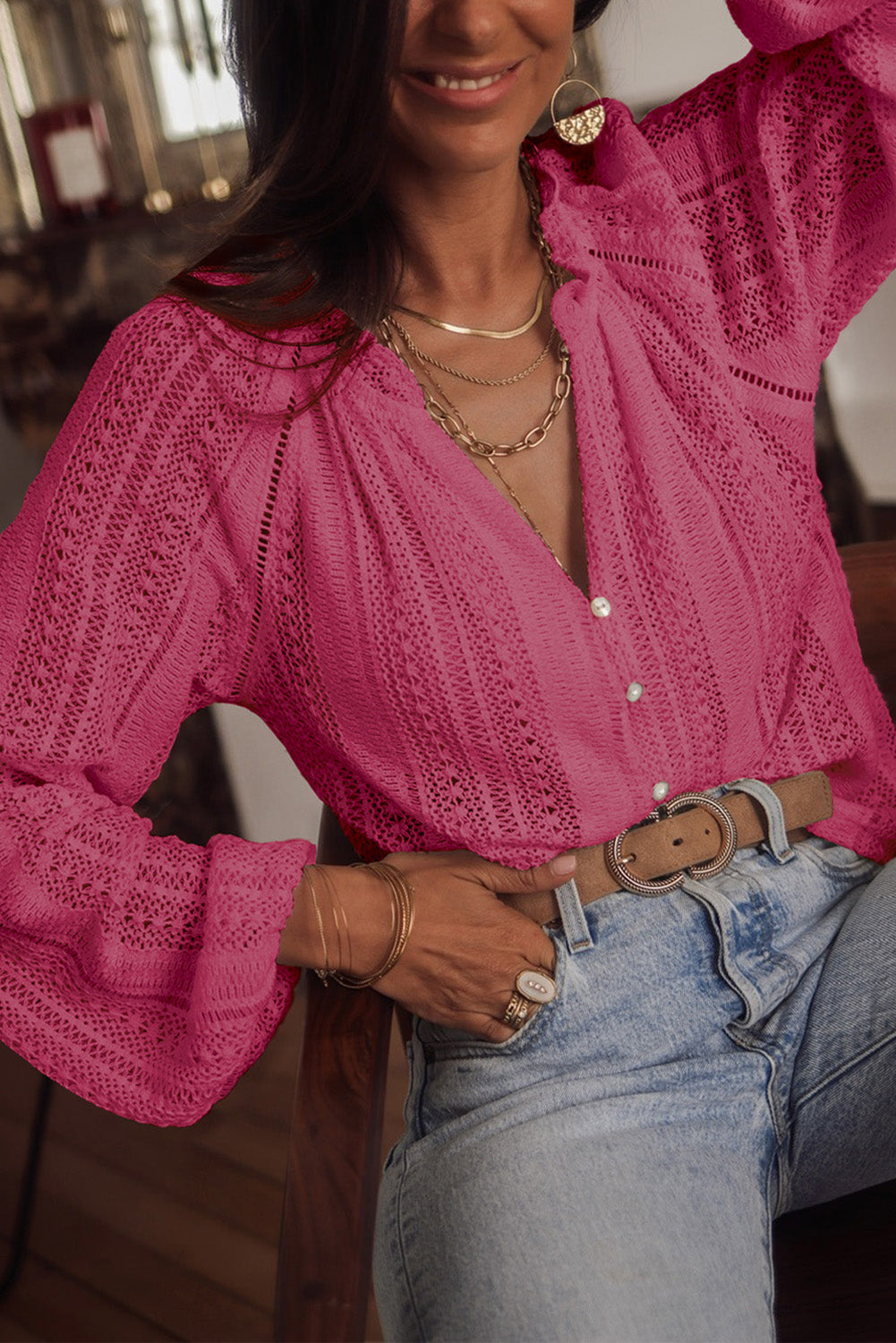 Rose V-Neck Long Sleeve Button Up Lace Shirt-3