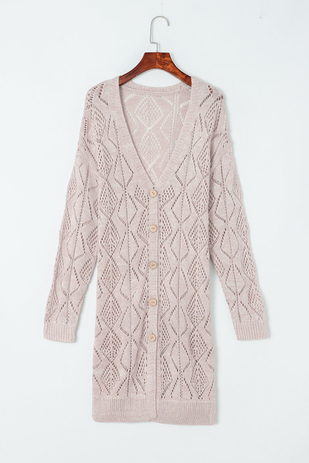 Khaki Hollow-out Openwork Knit Cardigan-8