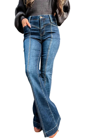 Blue High Waist Seam Stitching Pocket Flare Jeans-4