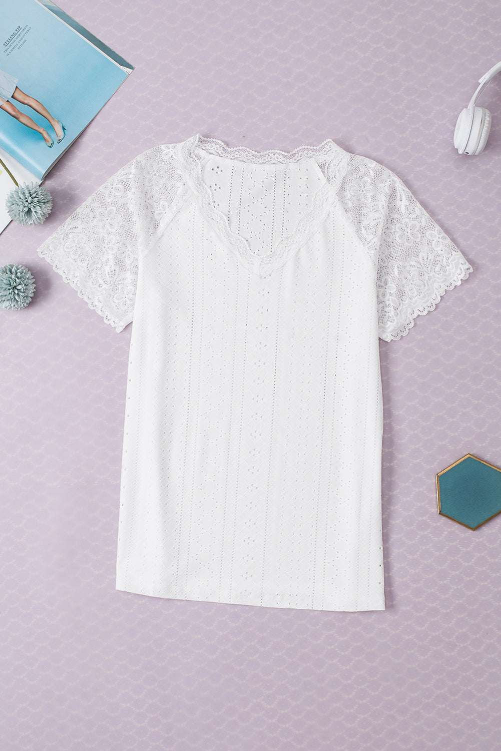 White Sheer Lace Short Sleeves Eyelet Embroidered Tee-7