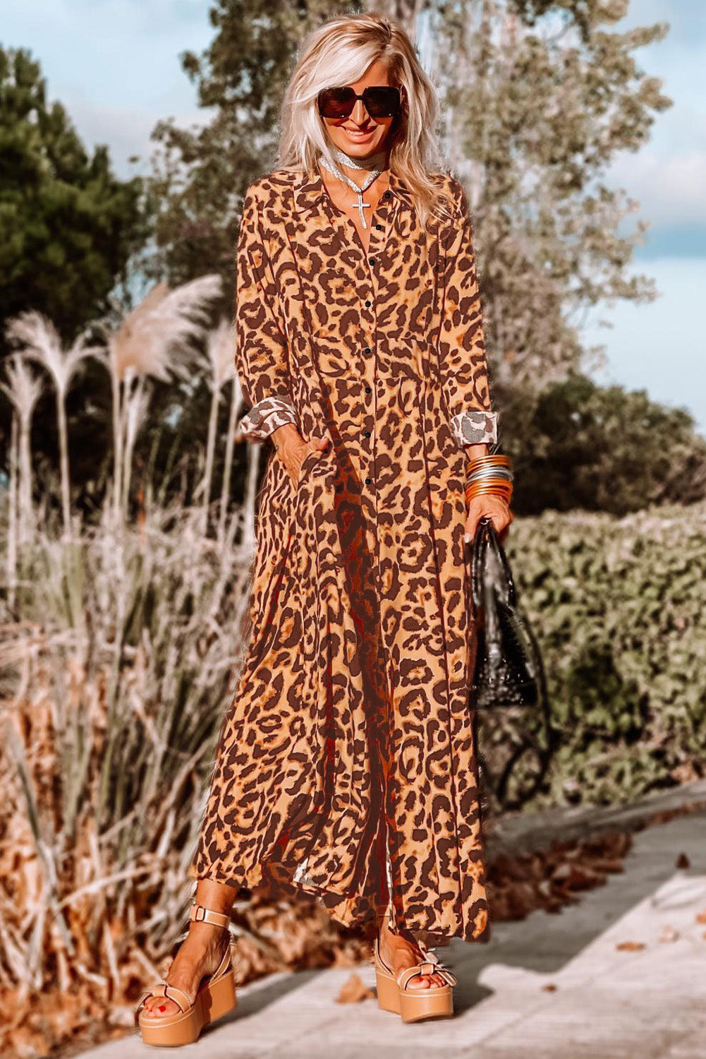 Leopard Button-Up Long Sleeve Maxi Dress-3