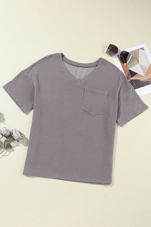 Light Grey Corded V Neck Chest Pocket Loose T-shirt-5