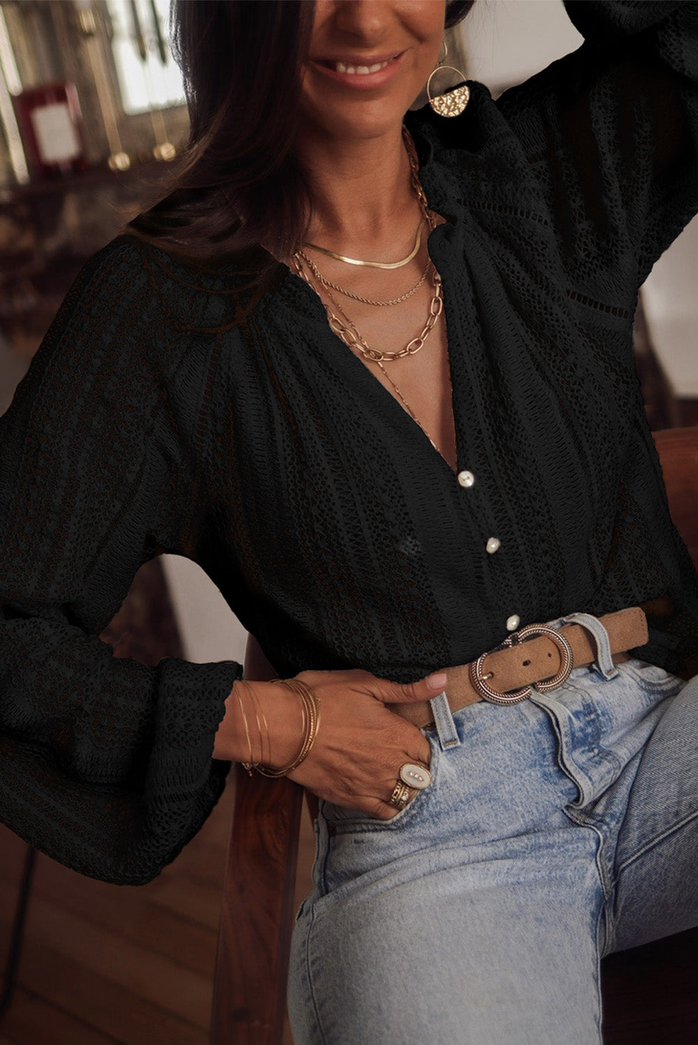 Black V-Neck Long Sleeve Button Up Lace Shirt-3