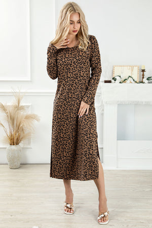 Leopard Round Neck Long Sleeve Split Dress-5