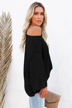 Black Exposed Seam Ribbed Knit Dolman Top-2