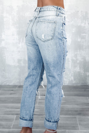 Sky Blue Light Wash Frayed Slim Fit High Waist Jeans-1