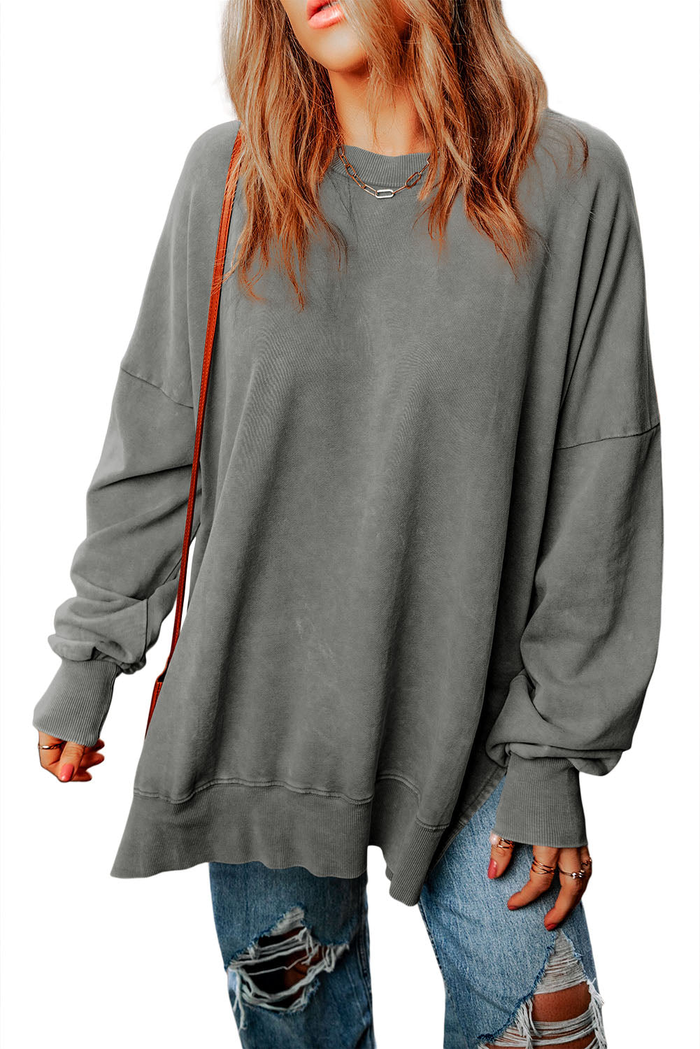 Gray Drop Shoulder Ribbed Trim Oversized Sweatshirt-3