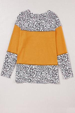 Vitality Orange Leopard Print Waffle Knit Patchwork Top-4