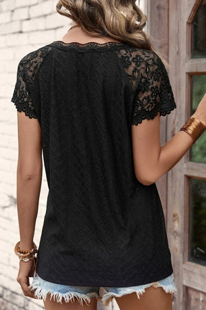 Black Lace Short-Sleeve Scalloped V-Neck Top-1