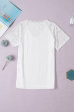 White Sheer Lace Short Sleeves Eyelet Embroidered Tee-6