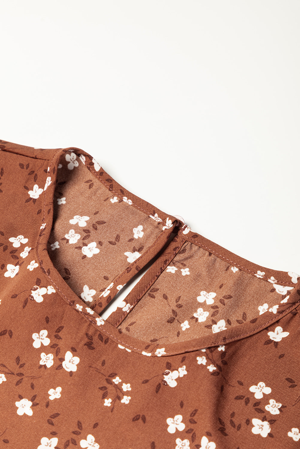 Chestnut Floral Print 3/4 Sleeve Ruffle Hem Midi Dress-16