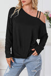 Black Asymmetric Strappy Cold Shoulder Long Sleeve Top-0