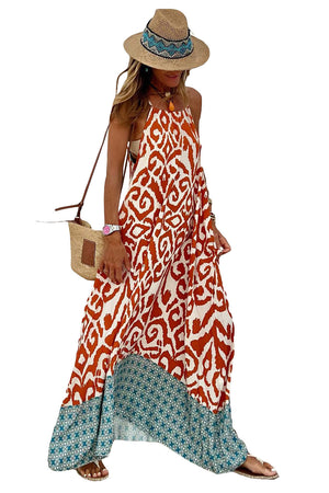Orange Boho Geometric Print Sleeveless Maxi Dress-4