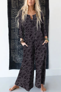 Gray Printed Buttoned Bodice Wide Leg Leopard Jumpsuit-0