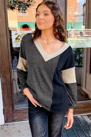 Black Brushed Contrast Knit V Neck Colorblock Long Sleeve Top-2