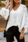 White Floral Lace Crochet Loose Fit V Neck Top-0