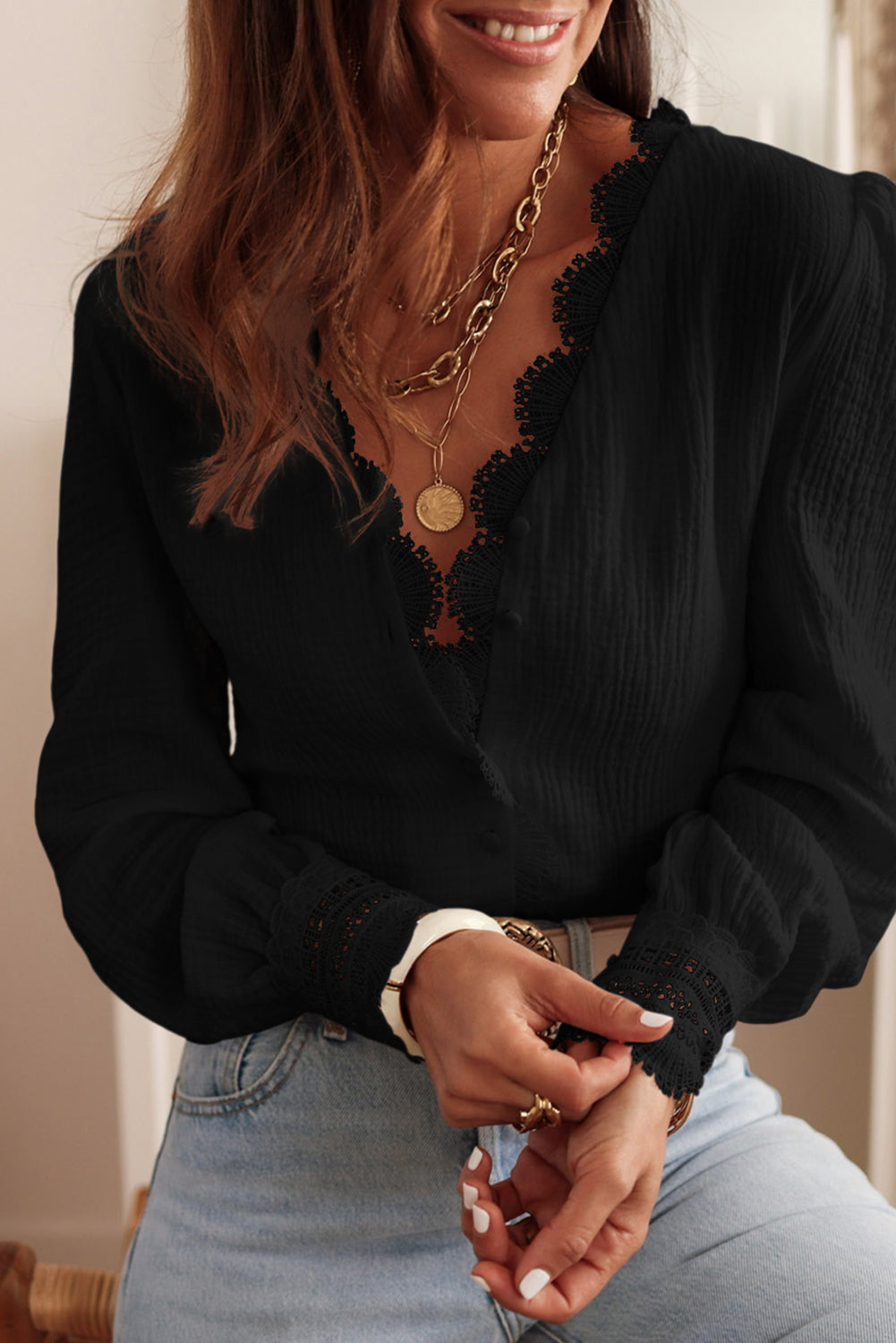 Black Lace Crochet Trim Deep V Neck Textured Blouse-2