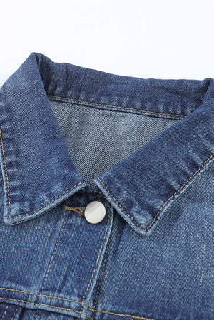 Blue Lapel Distressed Raw Hem Buttons Denim Jacket-10
