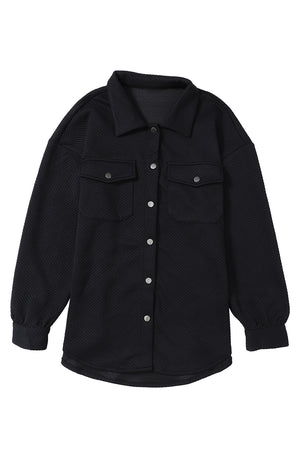 Black Solid Textured Flap Pocket Buttoned Shacket-11