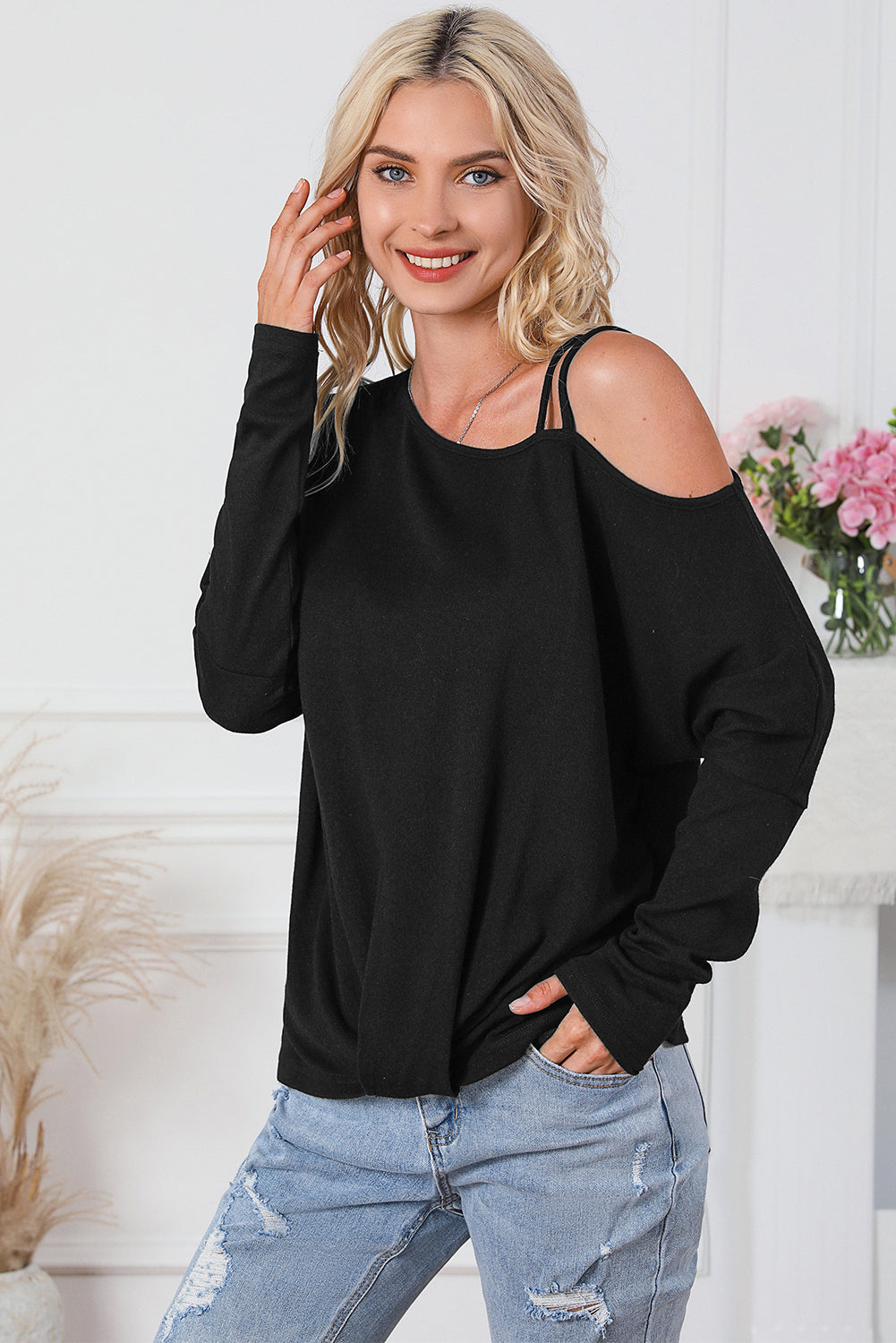 Black Asymmetric Strappy Cold Shoulder Long Sleeve Top-3