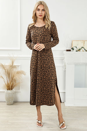 Leopard Round Neck Long Sleeve Split Dress-4