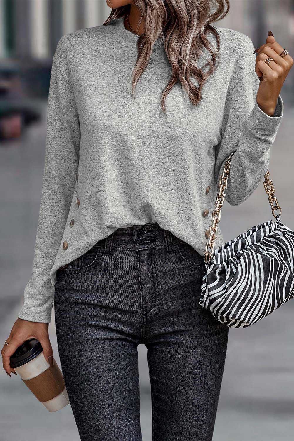 Gray Side Buttons Crew Neck Knit Top-2