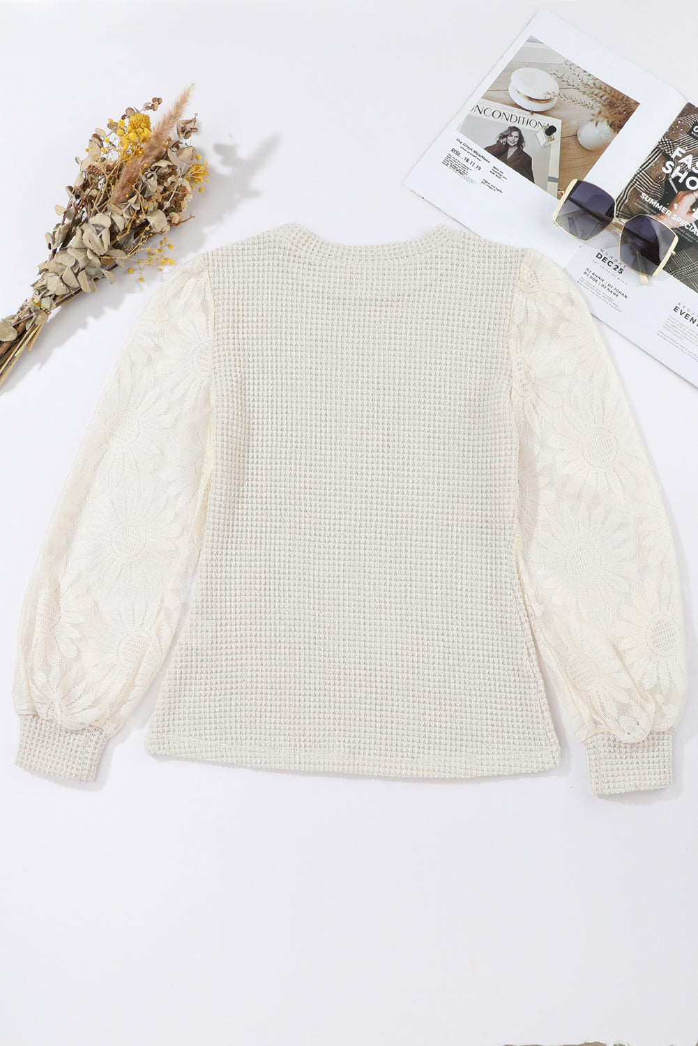 Beige Sunflower Mesh Bubble Sleeve Waffle Knit Top-4