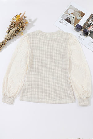 Beige Sunflower Mesh Bubble Sleeve Waffle Knit Top-4