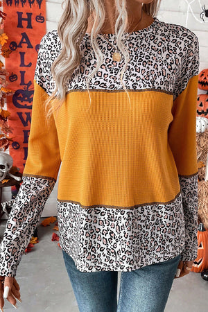 Vitality Orange Leopard Print Waffle Knit Patchwork Top-3