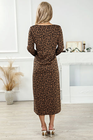 Leopard Round Neck Long Sleeve Split Dress-1