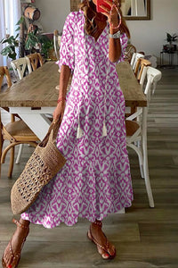 Pink V Neck Casual Geometric Print Maxi Dress-0