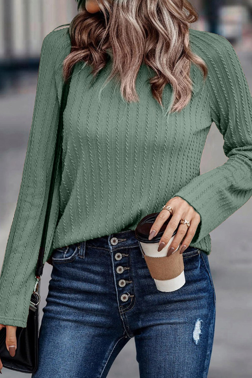 Green Ribbed Round Neck Knit Long Sleeve Top-0