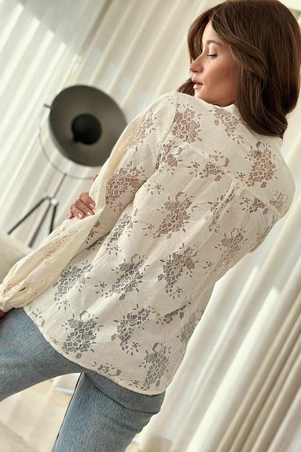 White Floral Lace Stand Neck Textured Shirt-1