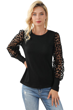 Black Leopard Mesh Puff Sleeve Patchwork Slim Fit Top-11