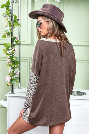 Leopard Colorblock Textured Knit Patchwork Top-1