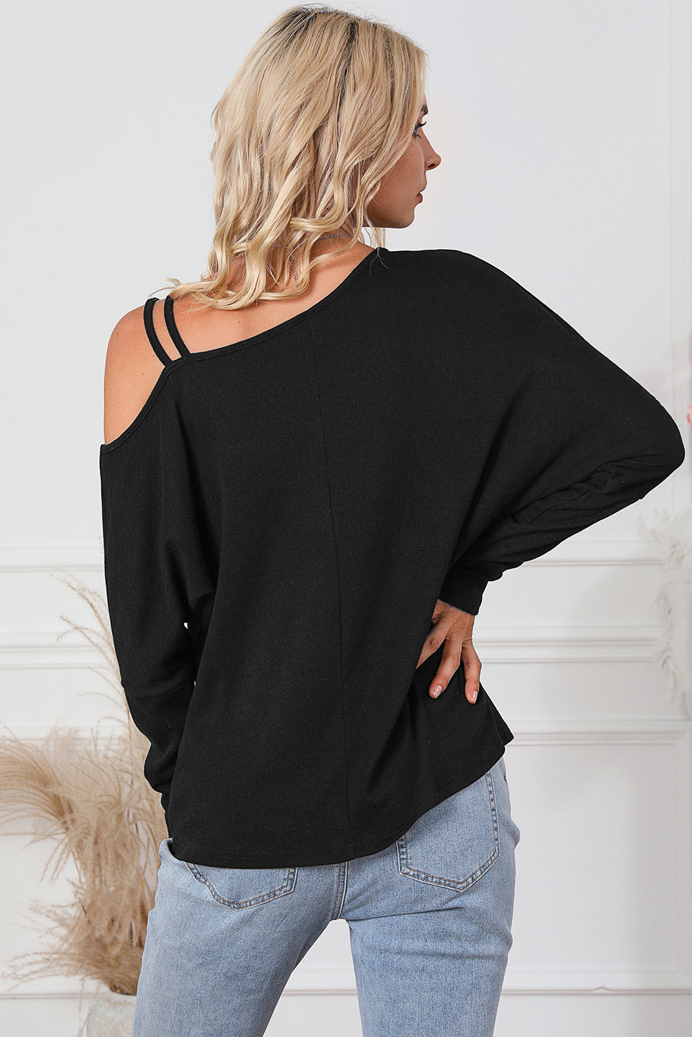 Black Asymmetric Strappy Cold Shoulder Long Sleeve Top-1