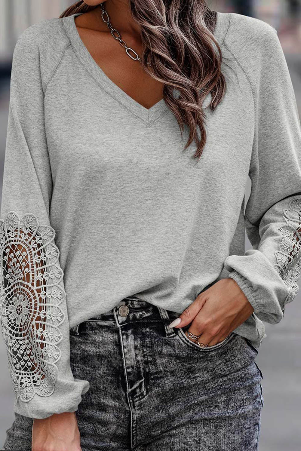 Gray Crochet Lace Patch Raglan Sleeve Top-2