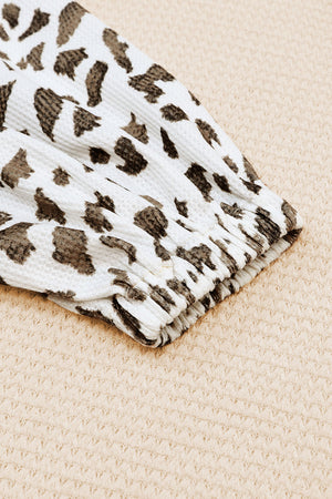 Apricot Leopard Print Patchwork Lantern Sleeve Waffle Knit Top-7