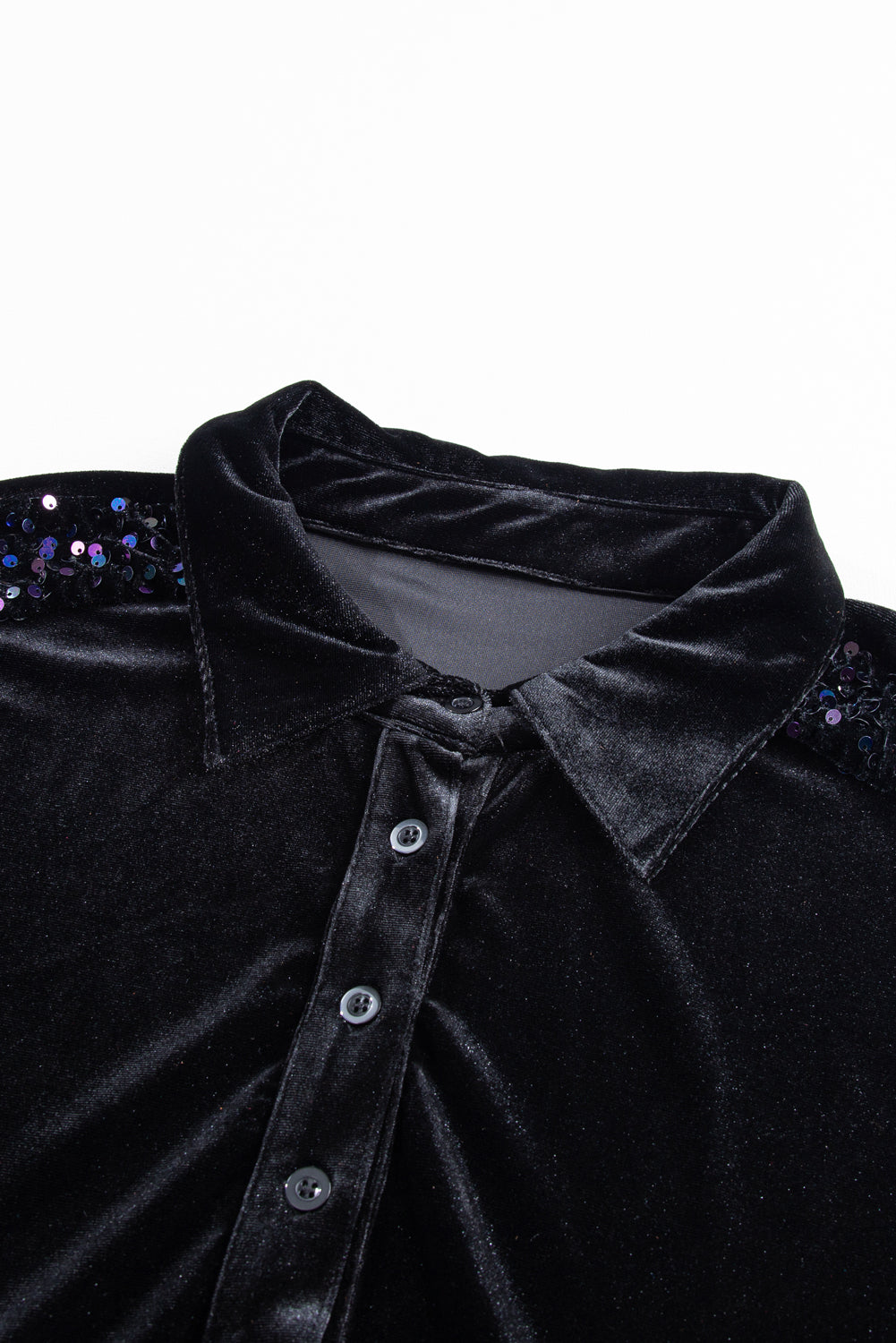 Black Sequin Puff Sleeve Buttoned Velvet Peplum Shirt-14