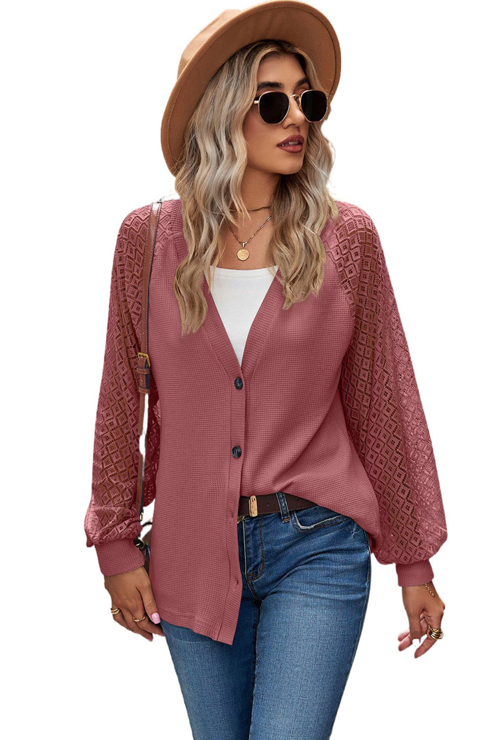 Waffled Knit Lace Long Sleeve Buttoned Cardigan-7