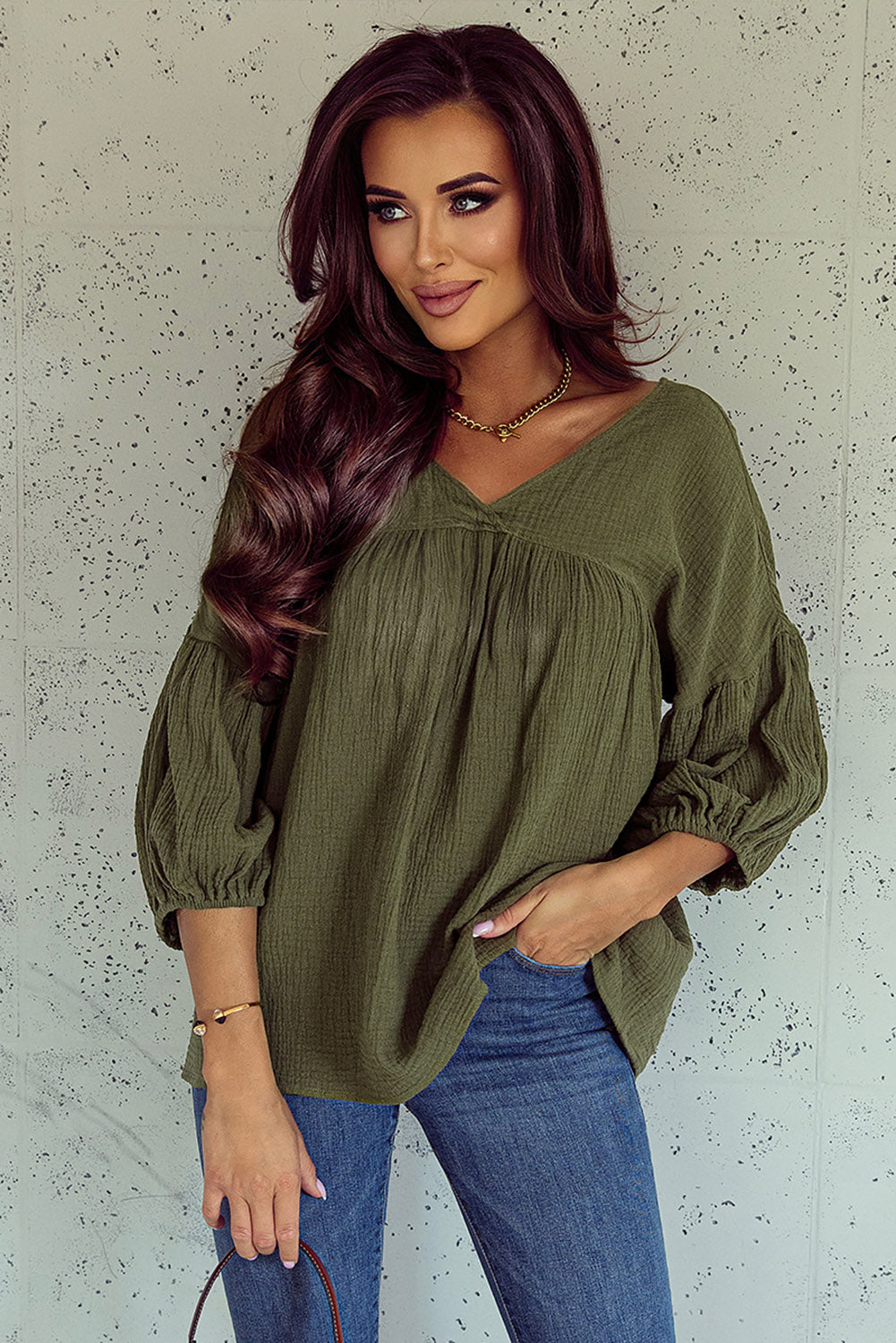 Green Textured V Neck Bracelet Sleeve Babydoll Blouse-0