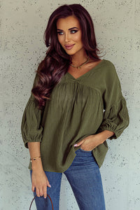 Green Textured V Neck Bracelet Sleeve Babydoll Blouse-0