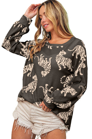 Lively Tiger Print Casual Sweatshirt-3