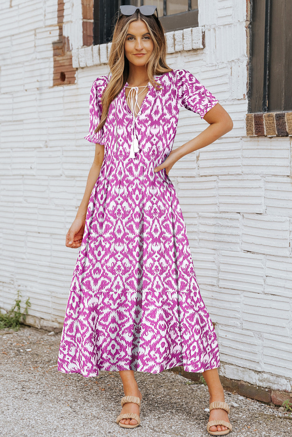 Pink V Neck Casual Geometric Print Maxi Dress-1