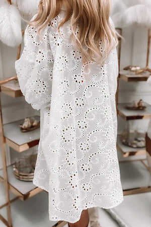 White Eyelet Floral Pattern Shirt Babydoll Dress-1